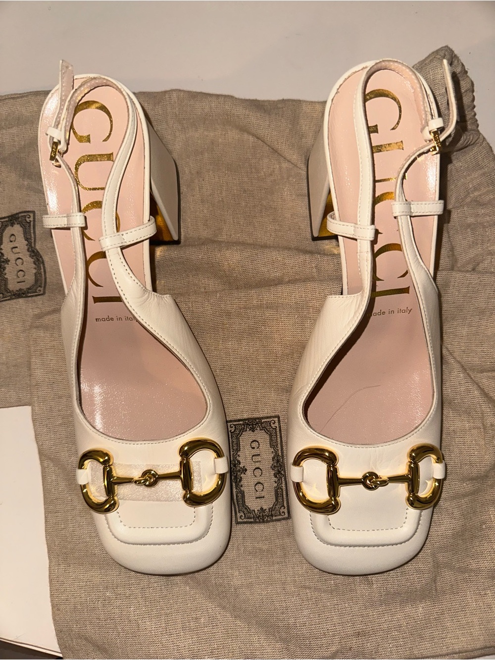 Gucci White Leather Horsebit Slingback Block Heels